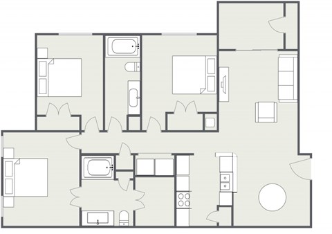 Floor plan for 3 beds, 2 baths, 1228 sqft